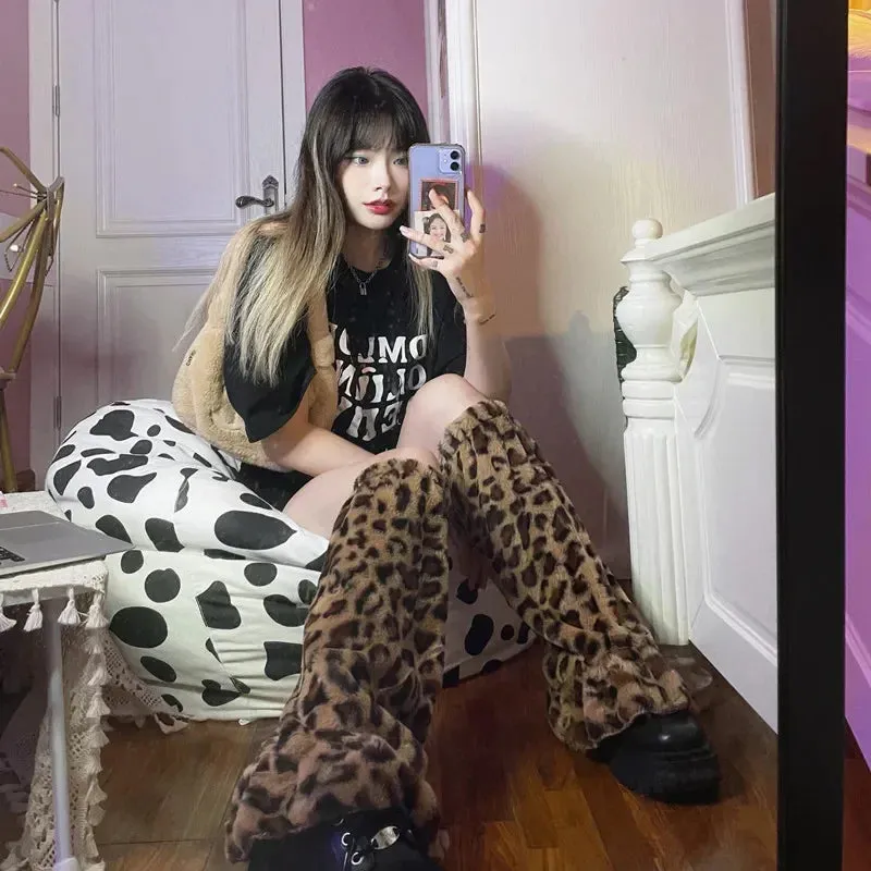 Sohiwoo Leg Warmers Harajuku Boot Cuffs Girls' Boho socks Japanese JK Lolita Socks Leopard Knit Sock Sets Ankle Winter Leg Warmers Thigh